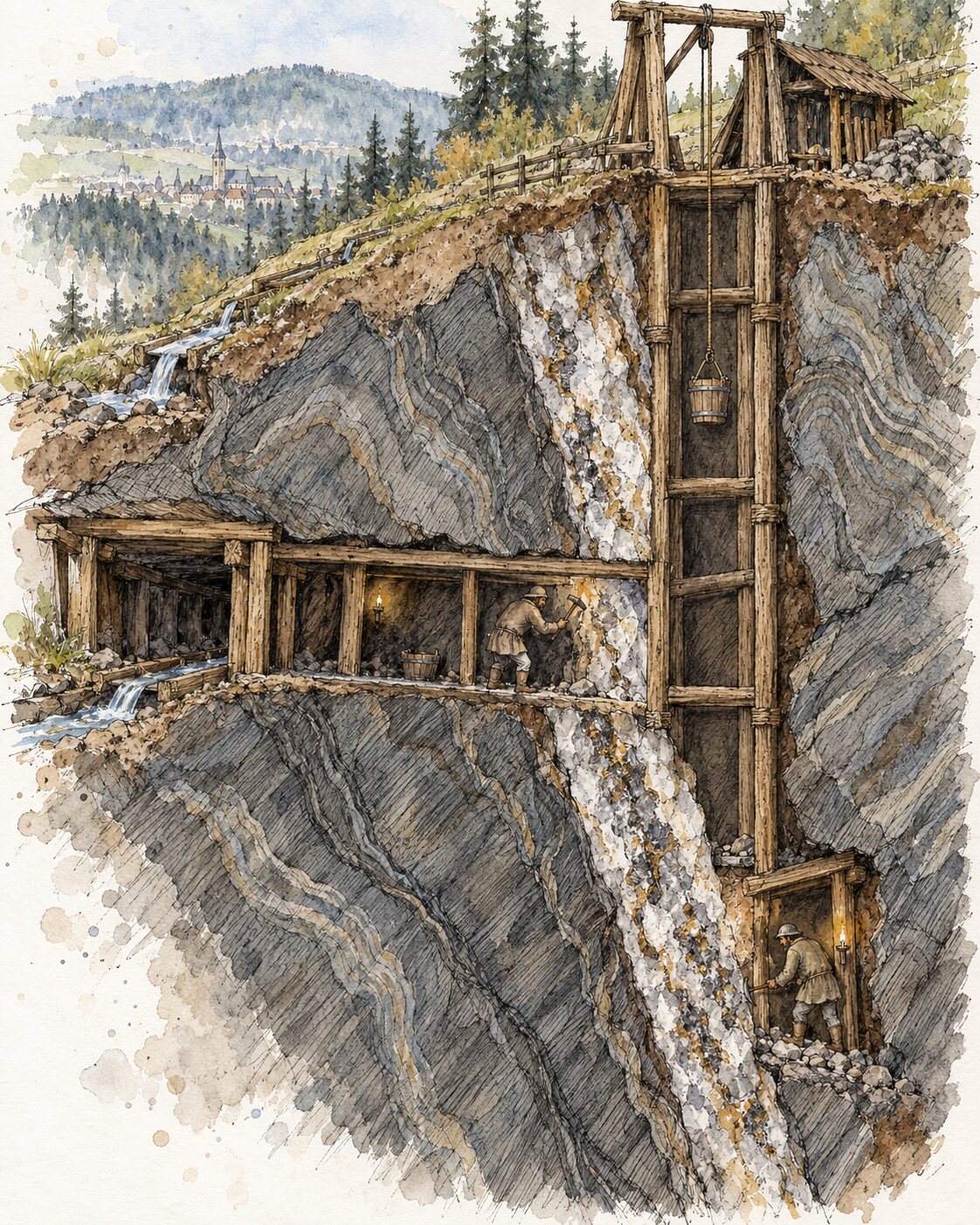 Tusche-Aquarell-Schnitt durch einen silberführenden Erzgang mit Stollen, Schacht und historischer Handarbeit unter Tage