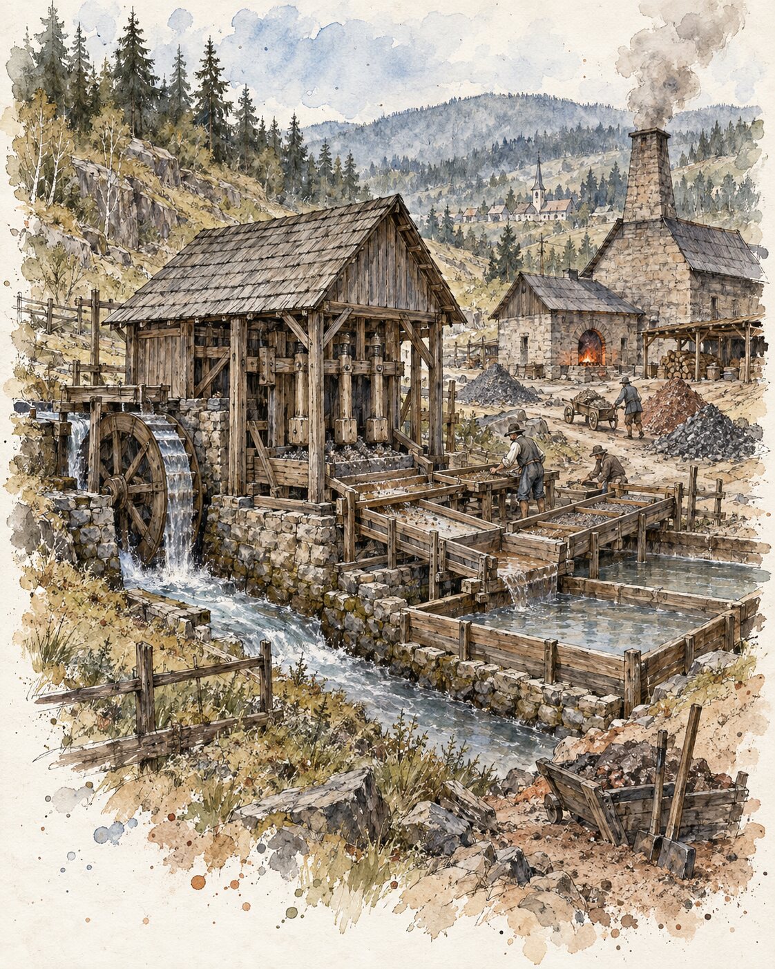 Historische Erzaufbereitung mit wassergetriebenem Pochwerk, Waschanlage und einer Hütte im Erzgebirge