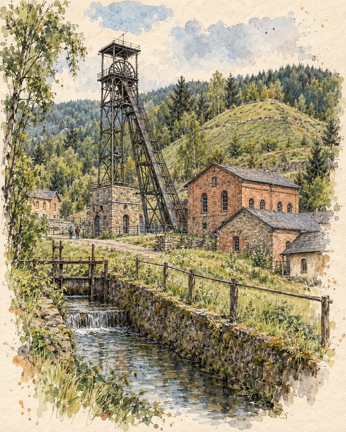 Heutige erzgebirgische Bergbaulandschaft mit historischem Fördergerüst, Grubengebäuden, Wassergraben und begrünten Halden