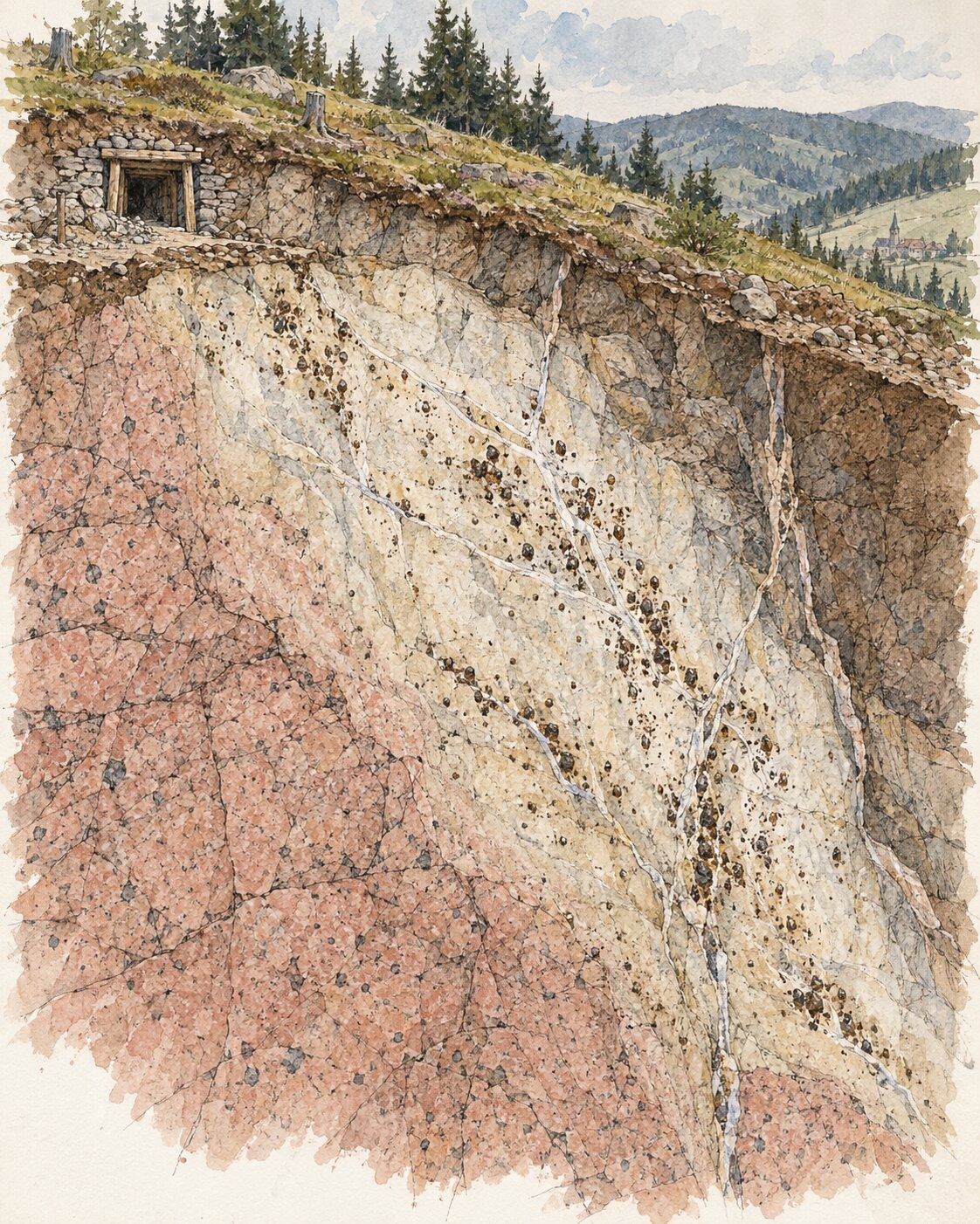 Tusche-Aquarell-Schnitt durch eine Zinnlagerstätte mit Granit, Greisenkörper, Kassiteritkörnern, Gängen und einem historischen Stollen