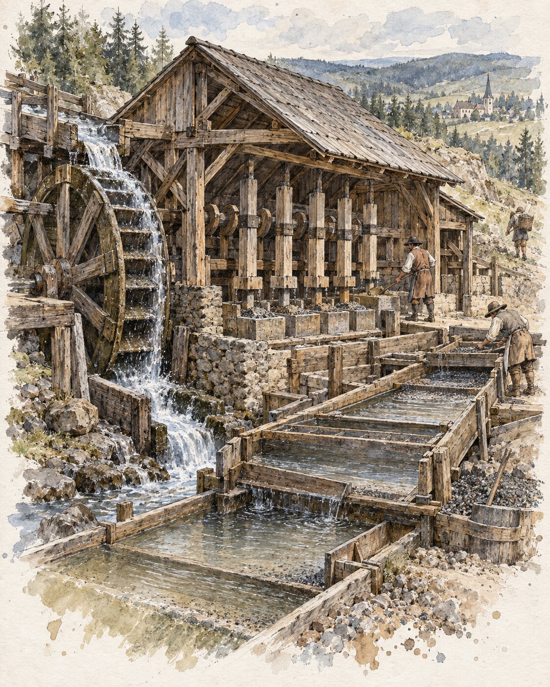 Historische Zinnaufbereitung im Erzgebirge mit wassergetriebenem Pochwerk, Setz- und Waschvorrichtungen