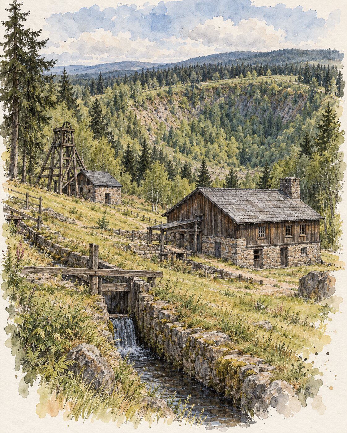 Heutige montane Kulturlandschaft bei Altenberg mit Pinge, historischem Fördergerüst, Zinnwäsche und Wassergraben