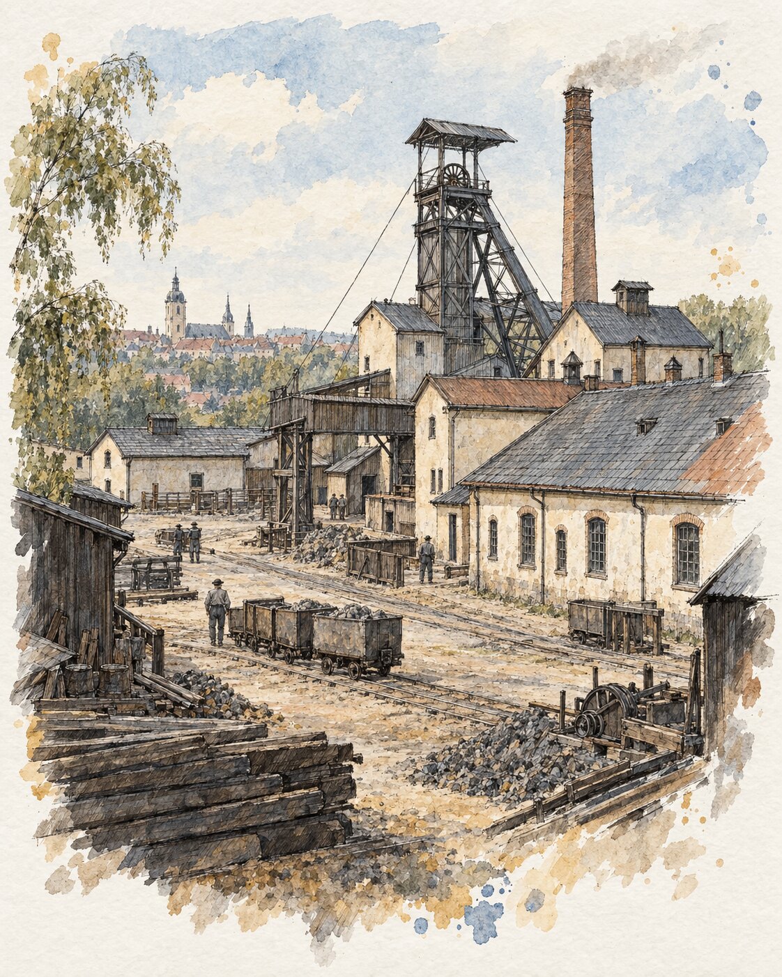 Tusche-Aquarell-Illustration der Himmelfahrt Fundgrube in Freiberg um 1903