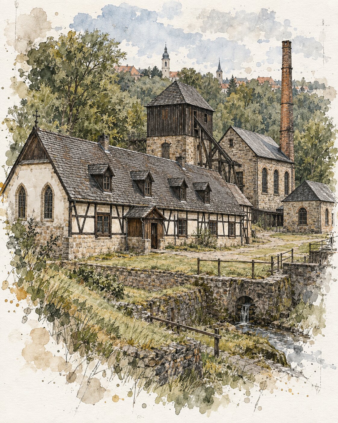 Handgezeichnete Aquarellansicht der erhaltenen Grubenanlage Alte Elisabeth in Freiberg