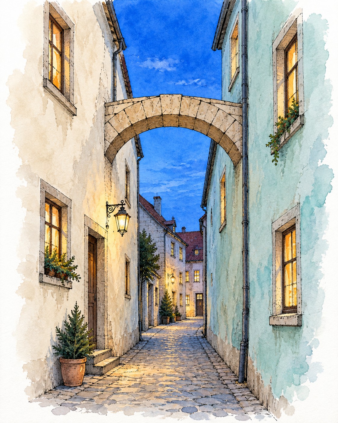 Tusche-Aquarell-Illustration eines steinernen Schwebebogens zwischen zwei Häusern in einer Gasse.