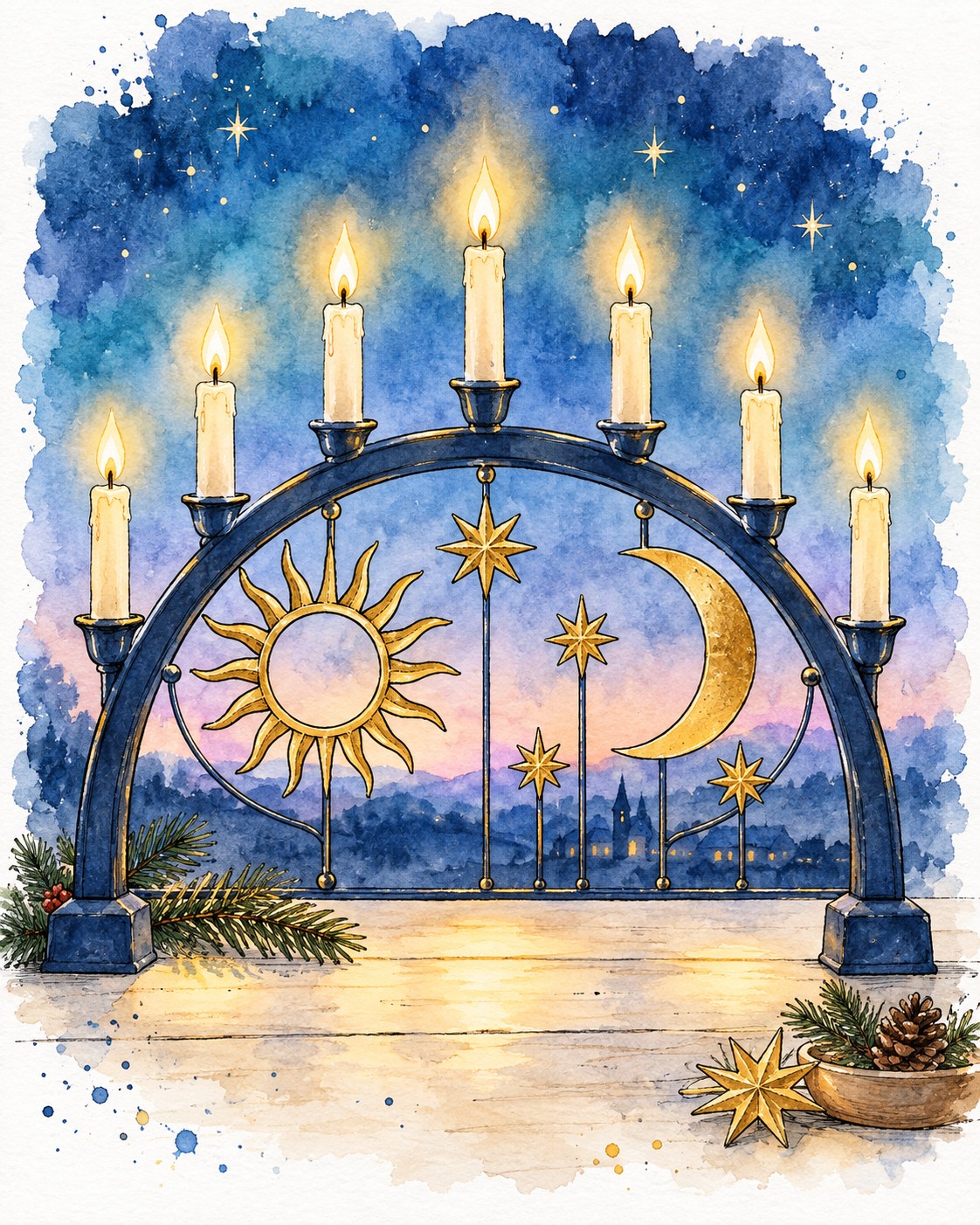 Tusche-Aquarell-Illustration eines Lichterbogens mit Sonne, Mond und Sternen als frei gestaltetem Symbolmotiv.