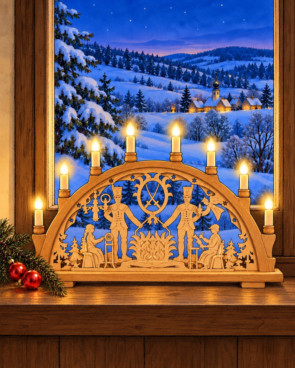 Rund gewölbter Holzschwibbogen mit Schwarzenberger Motiv und zwei Bergleuten am Fenster vor verschneiter Erzgebirgslandschaft am Abend.