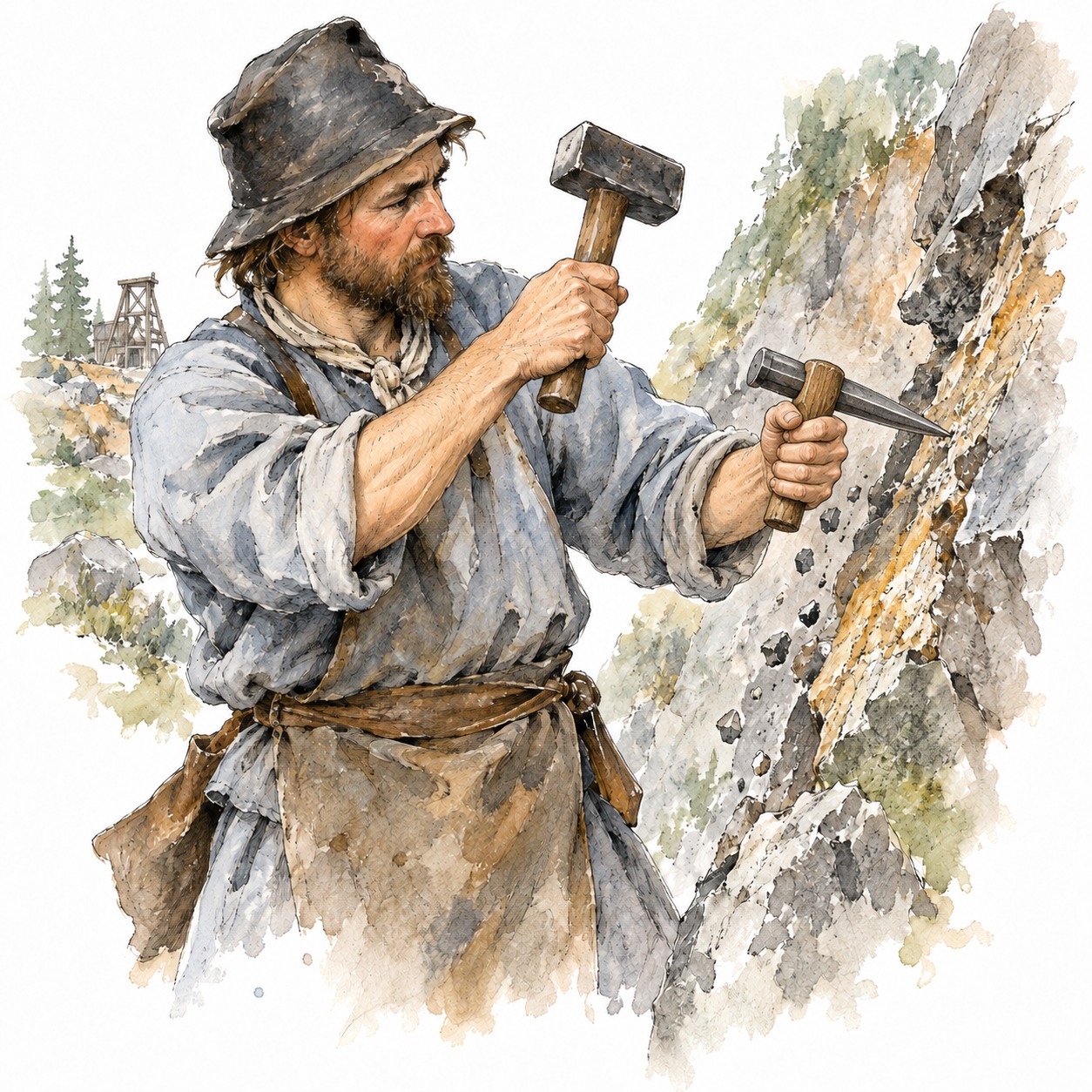 Bergmann bei der Handarbeit mit Schlägel und gestieltem Bergeisen, freie Feder-Aquarell-Zeichnung.