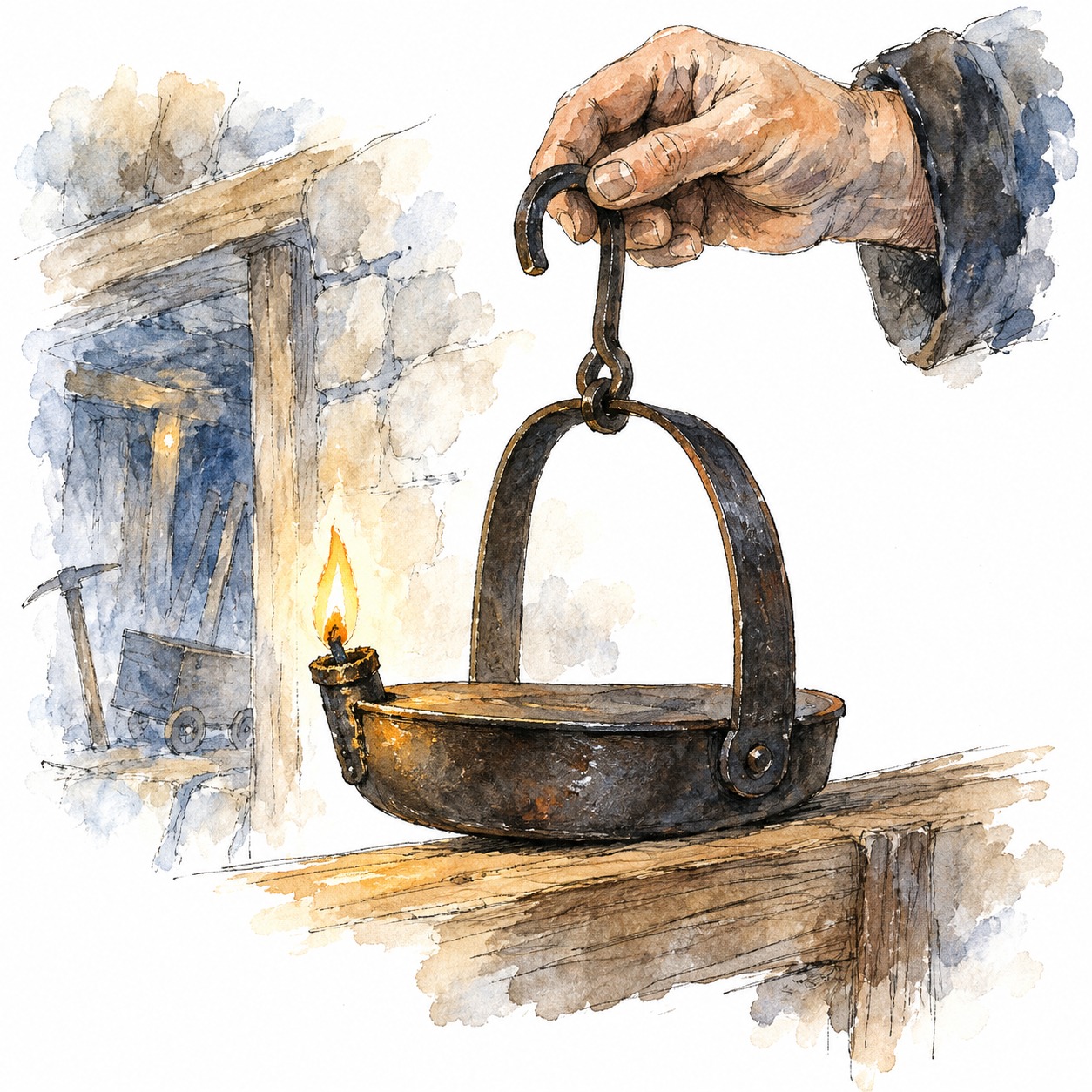 Historische Öllampe mit flachem Behälter, Docht und Tragbügel als freie Feder-Aquarell-Illustration.