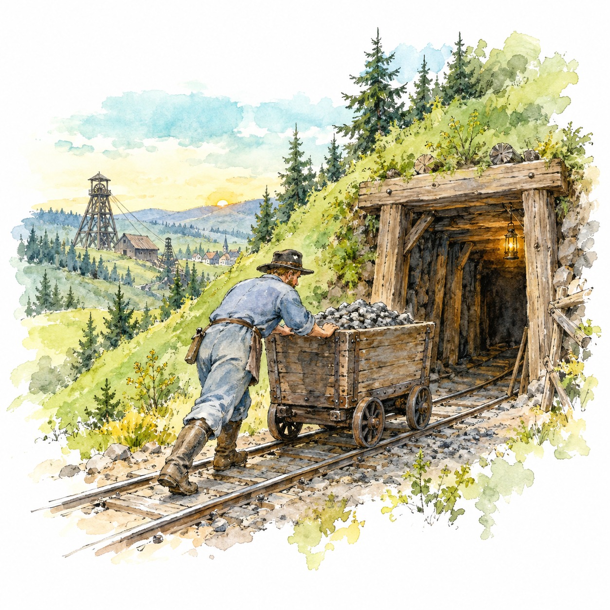 Bergmann mit einem beladenen Grubenwagen auf Schienen am Stolleneingang, freie Feder-Aquarell-Zeichnung.