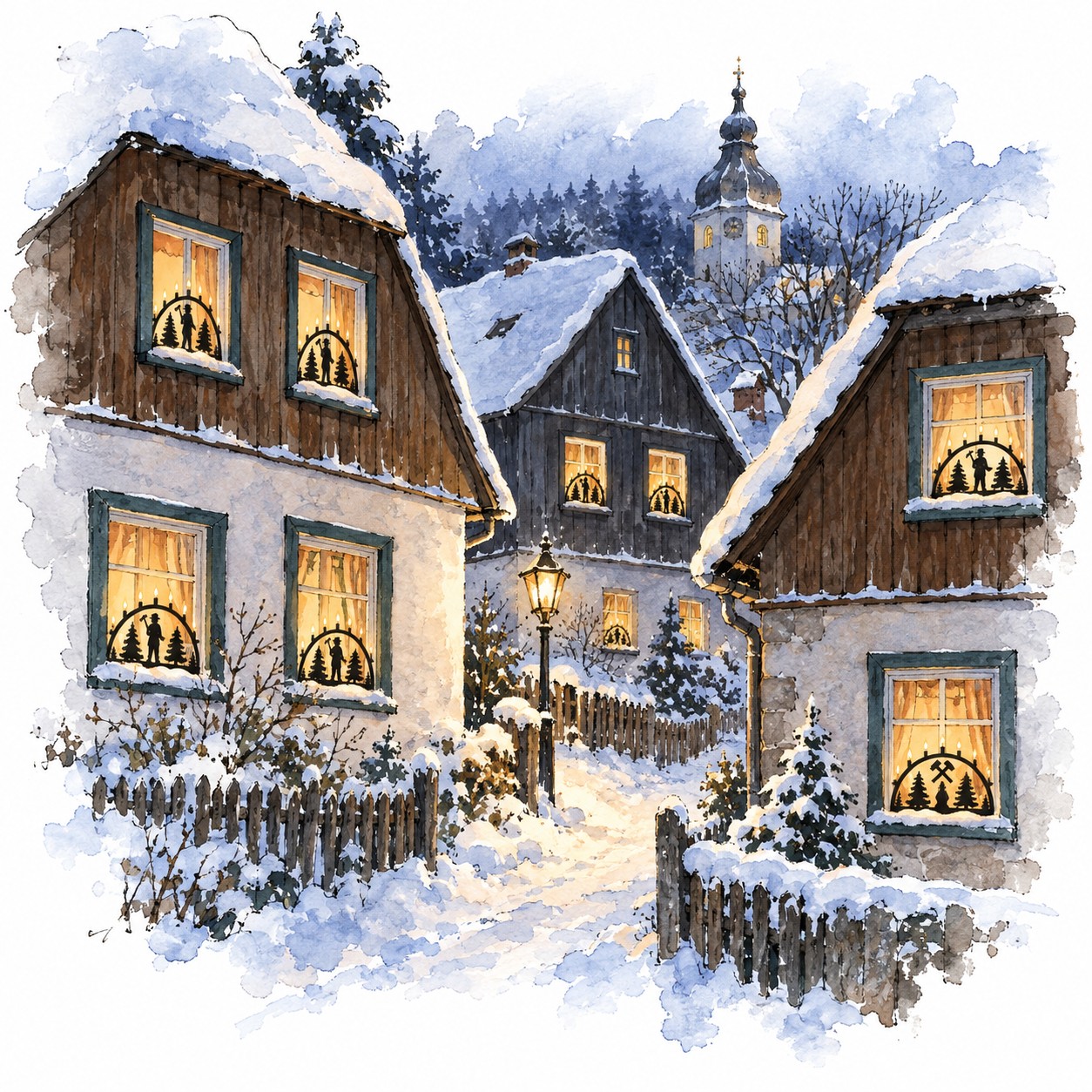Erzgebirgisches Winterdorf mit leuchtenden runden Schwibbögen in mehreren Fenstern.