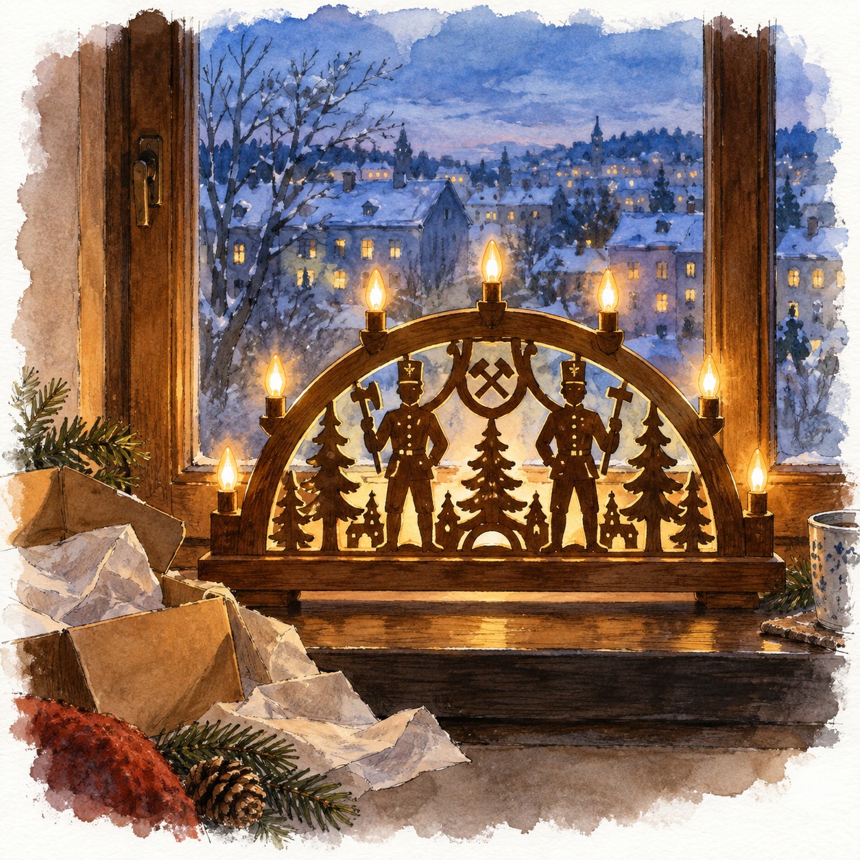 Dunkler runder Schwibbogen mit Bergleuten am Holzfenster vor einer winterlichen Stadt.