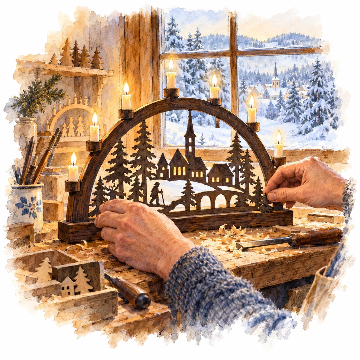 Werkbank mit rundem Holzschwibbogen, Dorfmotiv und Werkzeugen in lockerer Feder-Aquarell-Zeichnung.