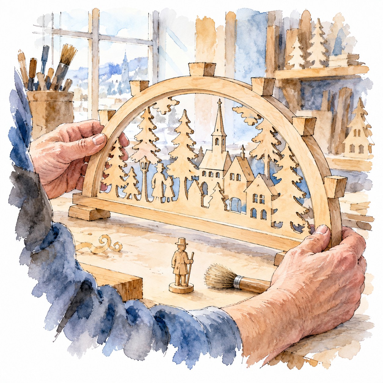 Hände prüfen die Verarbeitung eines runden Holzschwibbogens mit offenen Ausschnitten.