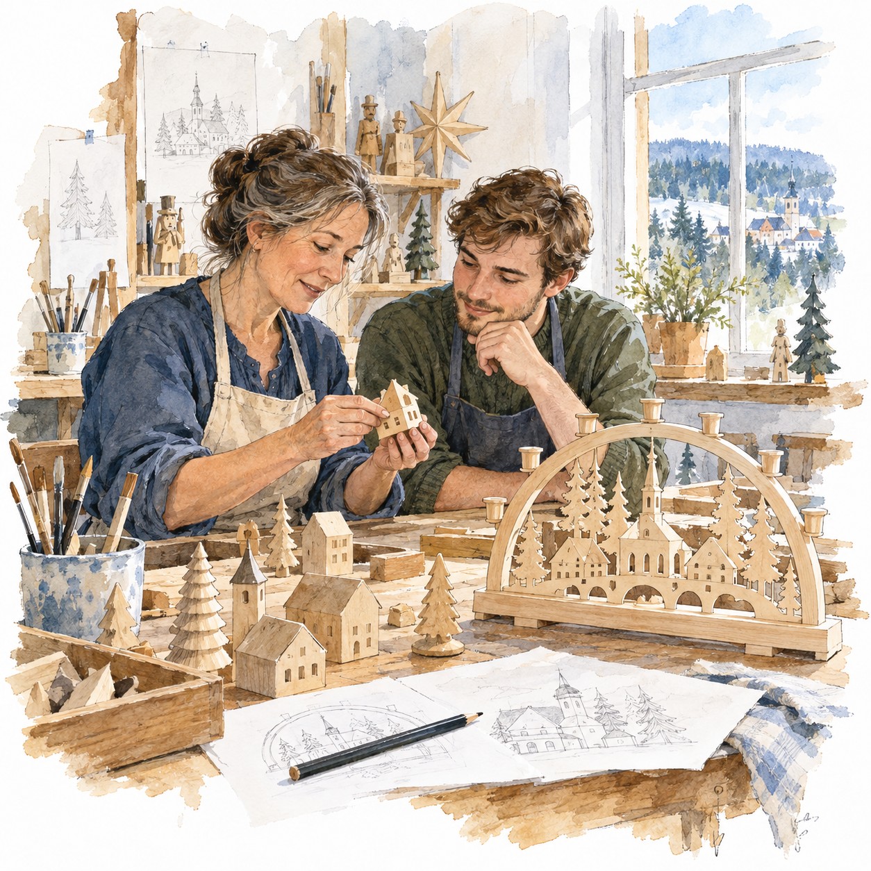 Erfahrene Holzhandwerkerin erklärt einem erwachsenen Auszubildenden die Gestaltung kleiner Holzteile.