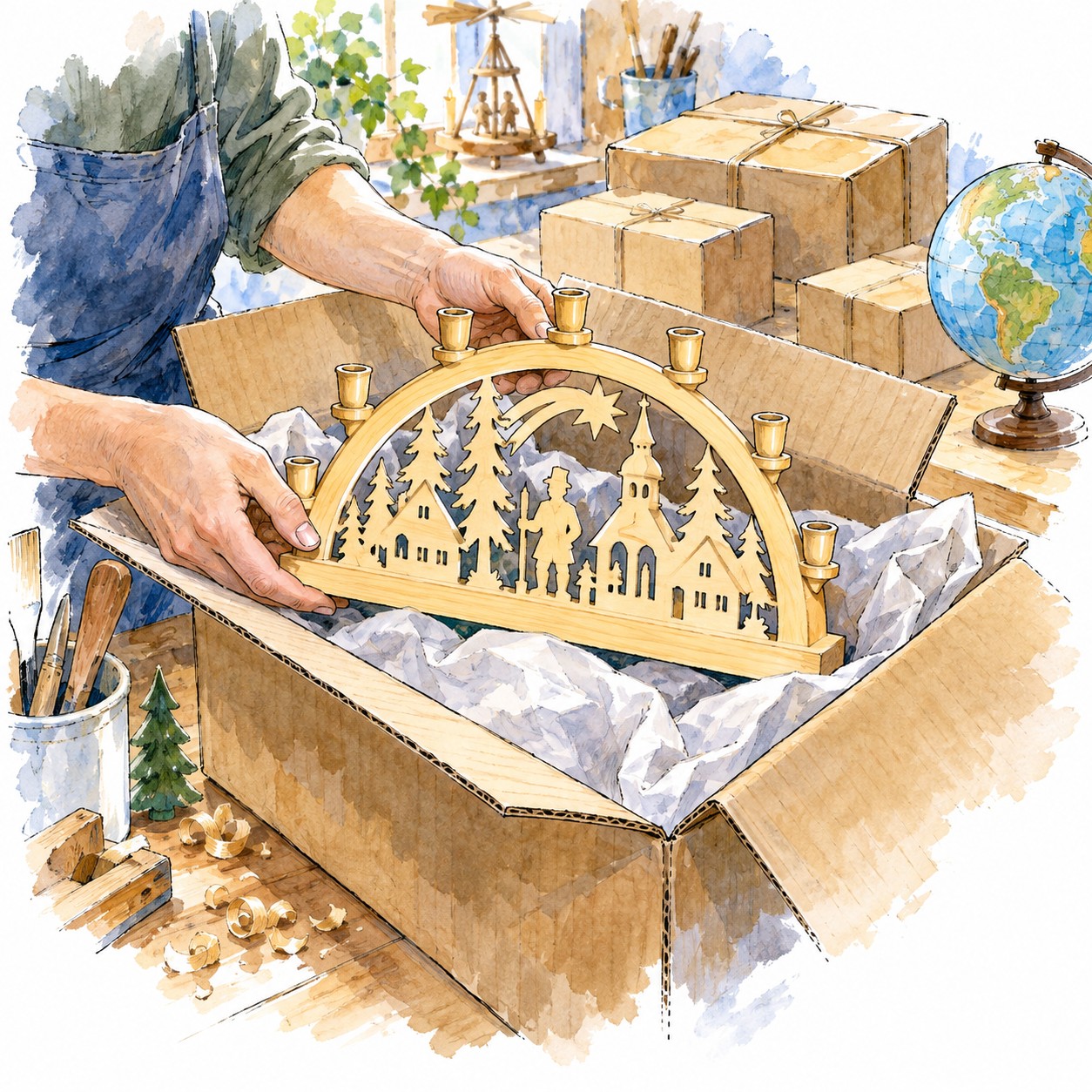 Hände verpacken einen runden Schwibbogen behutsam in einem Karton; weitere Pakete und ein Globus stehen dahinter.