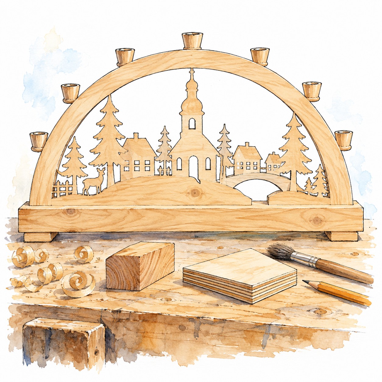 Runder Holzschwibbogen mit Dorfmotiv neben Massivholz- und Sperrholzproben.
