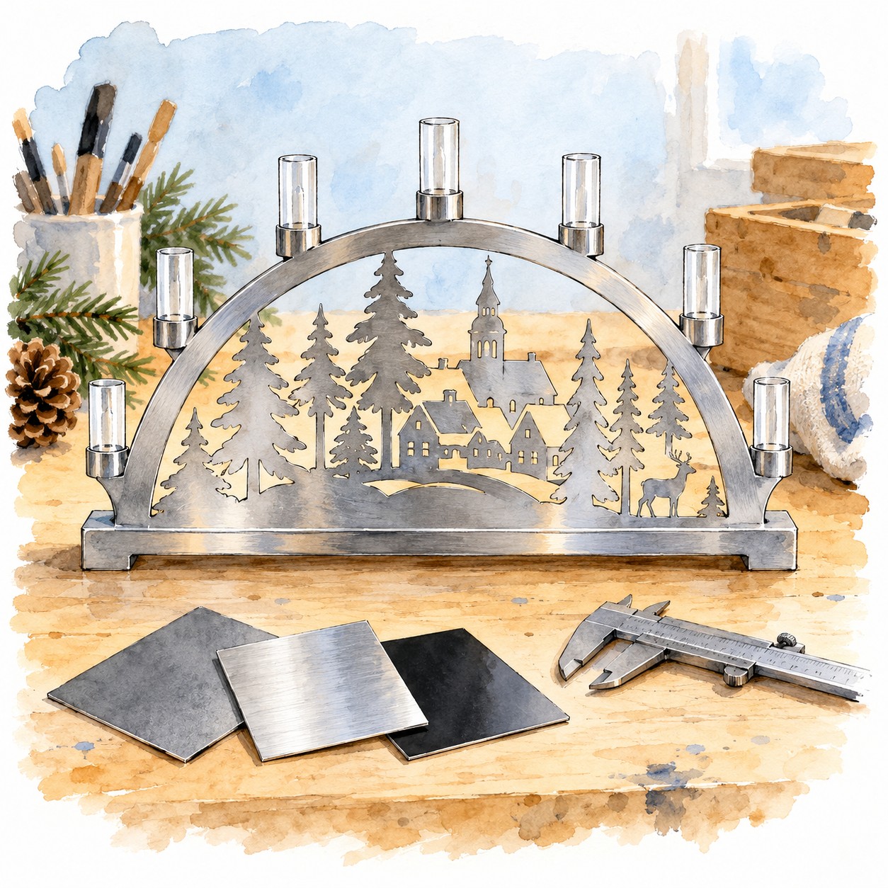 Silbriger runder Metallbogen mit Dorfmotiv neben Metallproben und Messschieber.