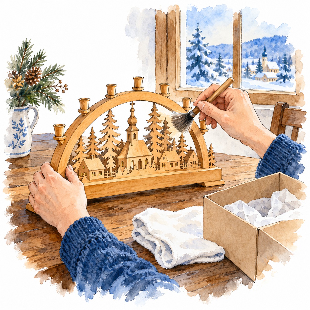 Hände entstauben einen unbeleuchteten Holzschwibbogen vorsichtig mit einem weichen Pinsel.