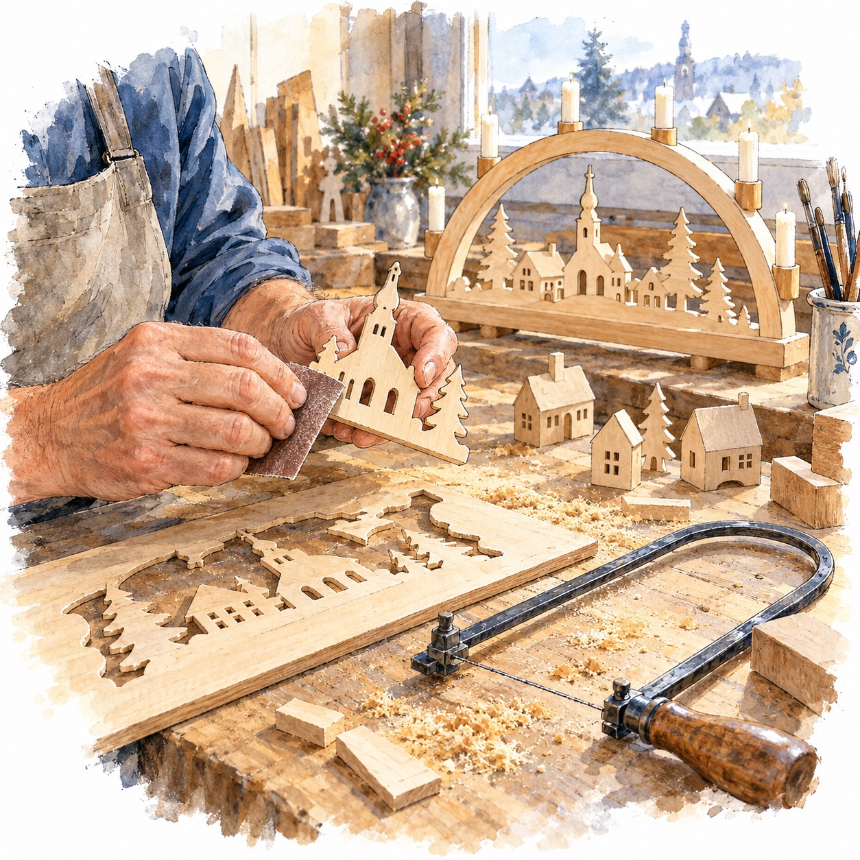 Hände schleifen ein ausgeschnittenes hölzernes Kirchenmotiv neben Laubsäge und weiteren Holzteilen.