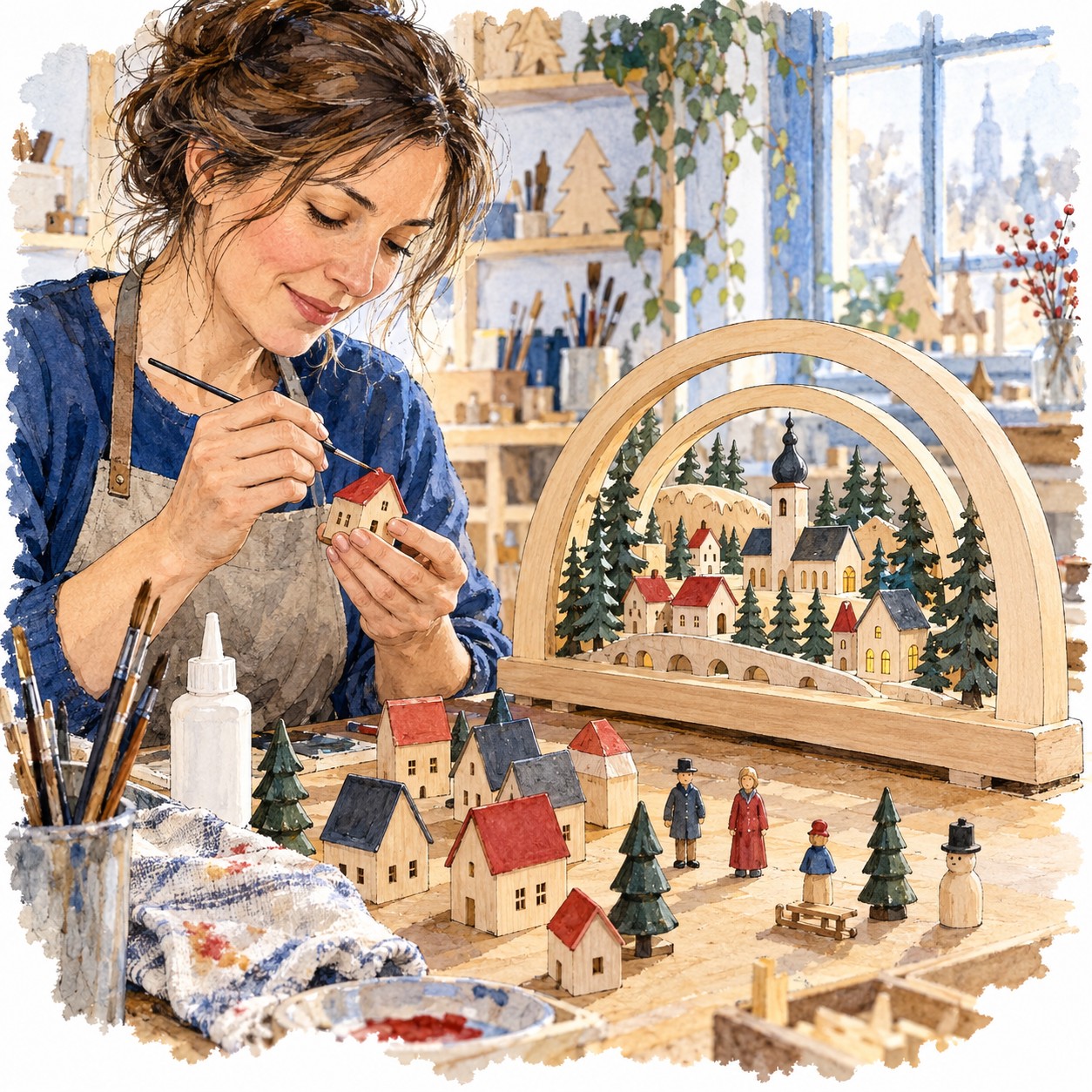 Kunsthandwerkerin bemalt das Dach eines kleinen Holzhauses neben einem runden räumlichen Schwibbogen.