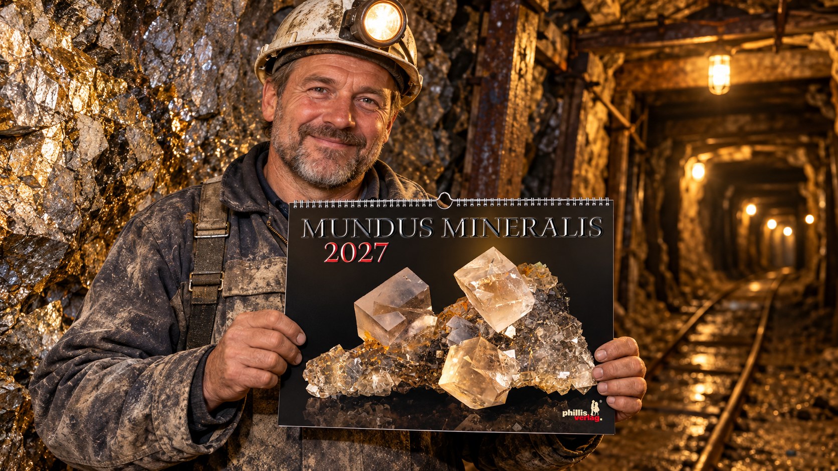Ein Bergmann präsentiert den Mundus-Mineralis-Kalender 2027 im Stollen
