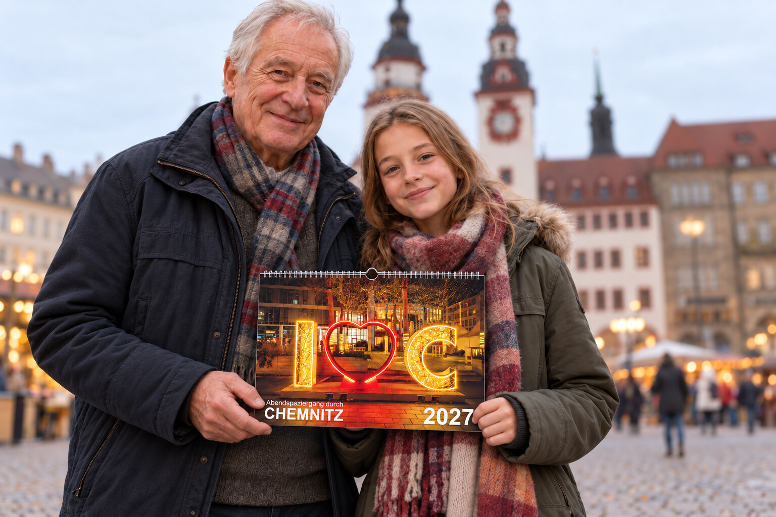 Großvater und Enkelin präsentieren den Chemnitz-Kalender 2027 vor dem Alten Rathaus