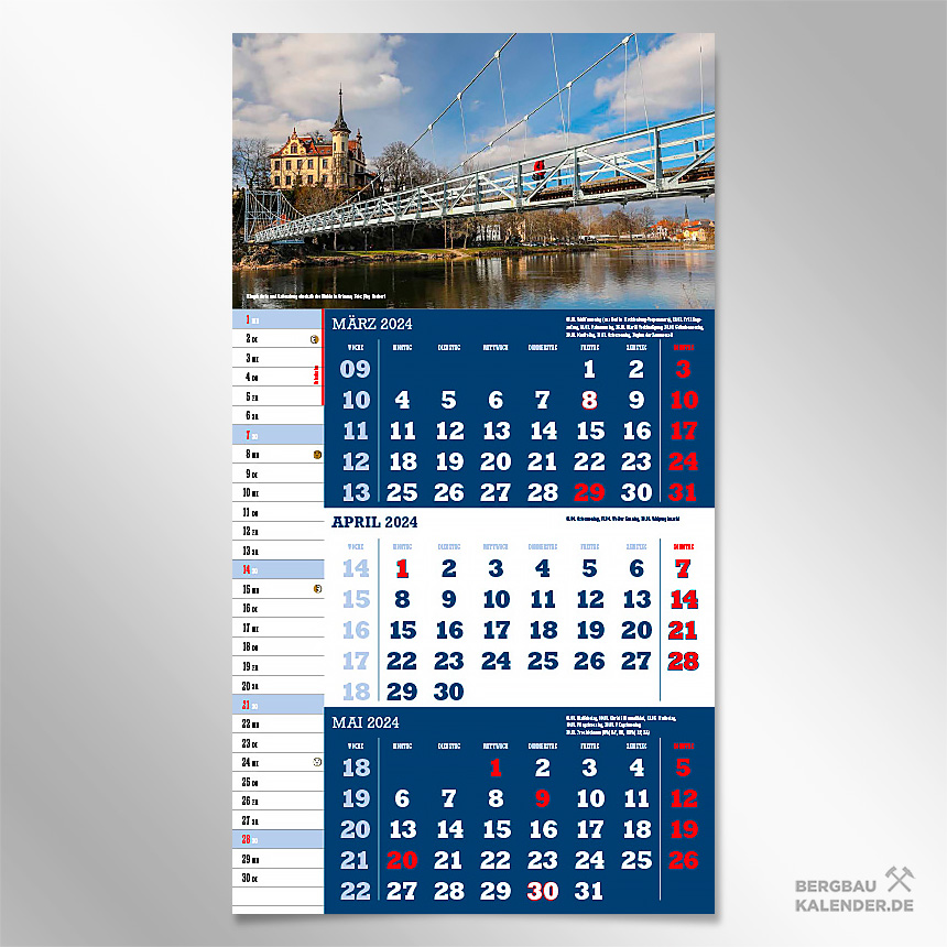 Monat April des Kalender 2024 Sachsen - Hängebrücke und Gattersburg in Grimma