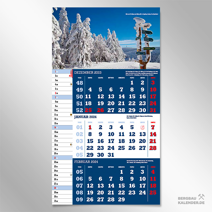 Monat Januar des Kalender 2024 Sachsen - Erzgebirge mit Blick zum Keilberg in Tschechien