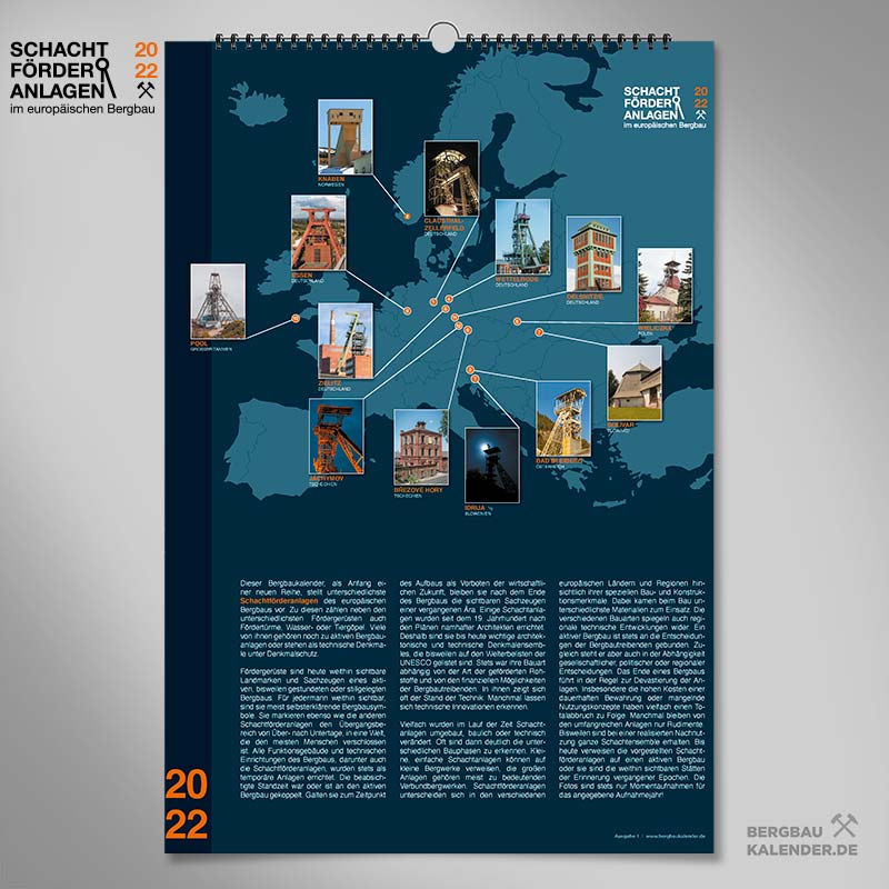 Bergbaukalender 2022 - Vorsatzblatt - Schachtförderanlagen im europäischen Bergbau