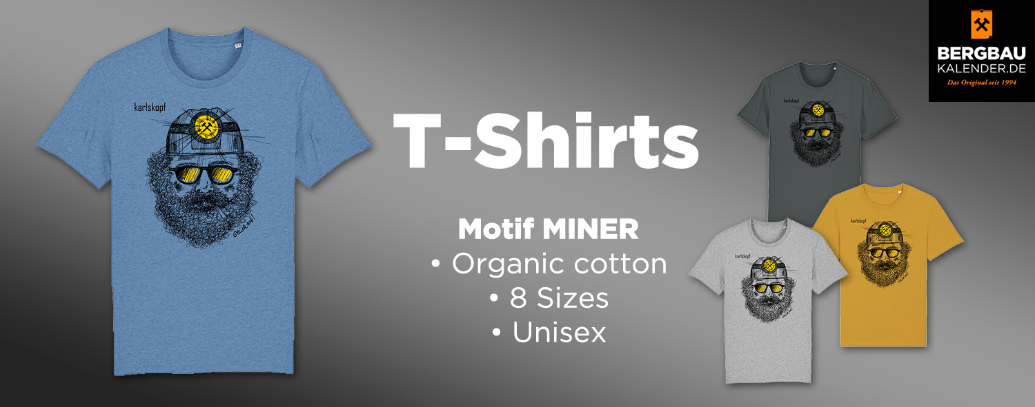 T-shirts in different colours made from organic cotton with the motif MINER