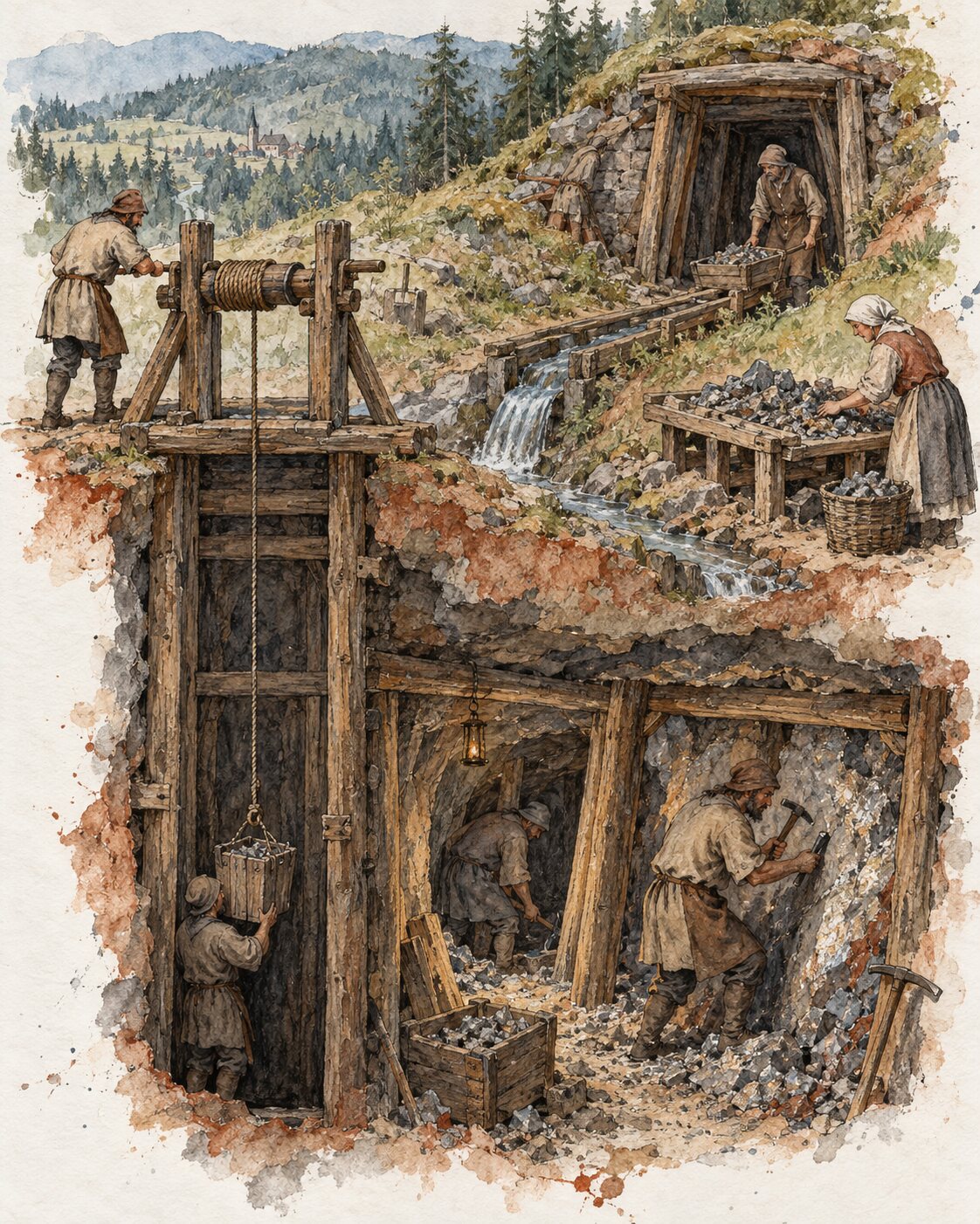 Aquarellierte Tuschezeichnung eines Erzbergwerks um 1500 mit Schacht, Haspel, Mundloch und Erzsortierung
