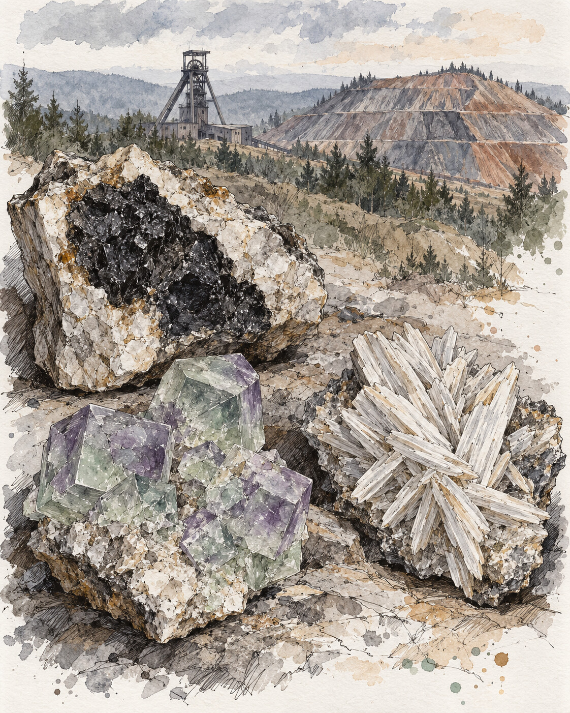 Tusche-Aquarell mit Pechblende, Fluorit und Baryt vor Fördergerüst und sanierter Haldenlandschaft im Erzgebirge