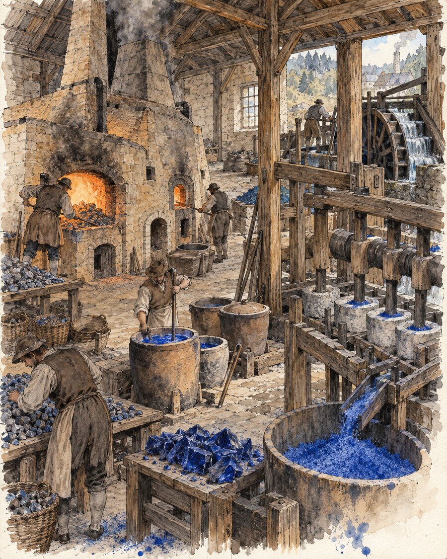 Tusche-Aquarell-Illustration eines historischen Blaufarbenwerks mit Röstofen, Glasschmelze und wassergetriebenem Pochwerk