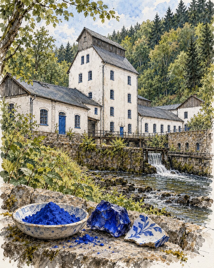 Aquarellierte Tuschezeichnung von Schindlers Werk an der Zwickauer Mulde mit Smalte, blauem Glas und Keramikscherbe