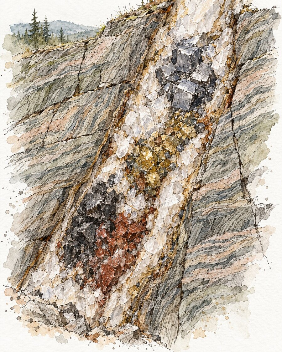 Gezeichneter Erzgang mit Bleiglanz, Kupfer- und Eisenmineralen in Quarz und Nebengestein