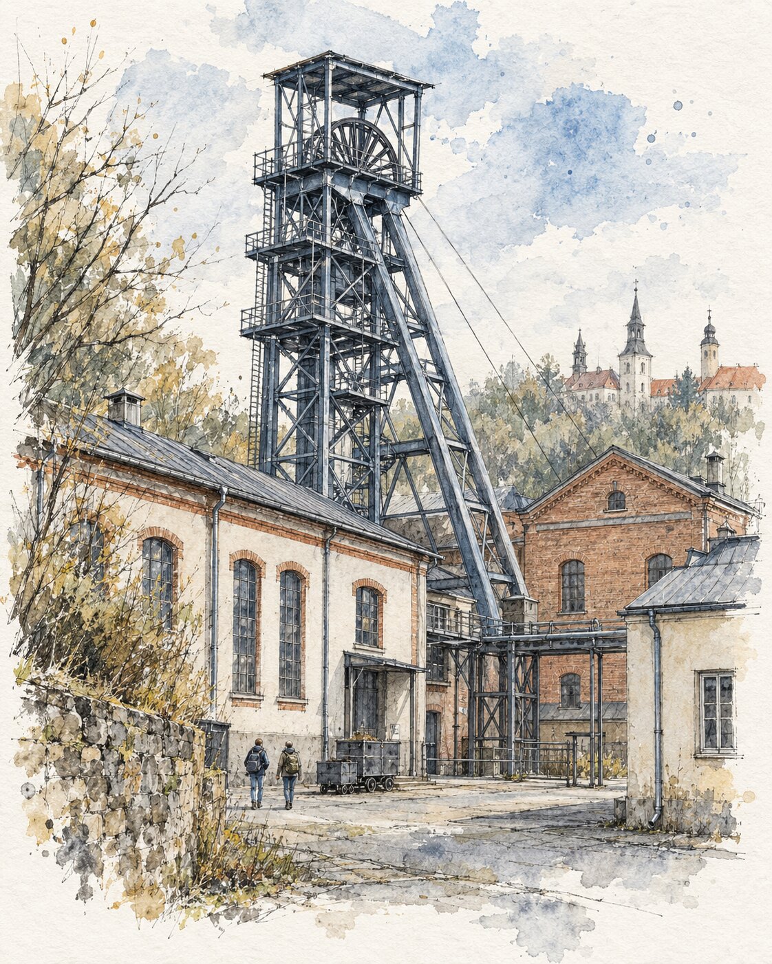 Tusche-Aquarell-Illustration des Fördergerüstes der Reichen Zeche in Freiberg
