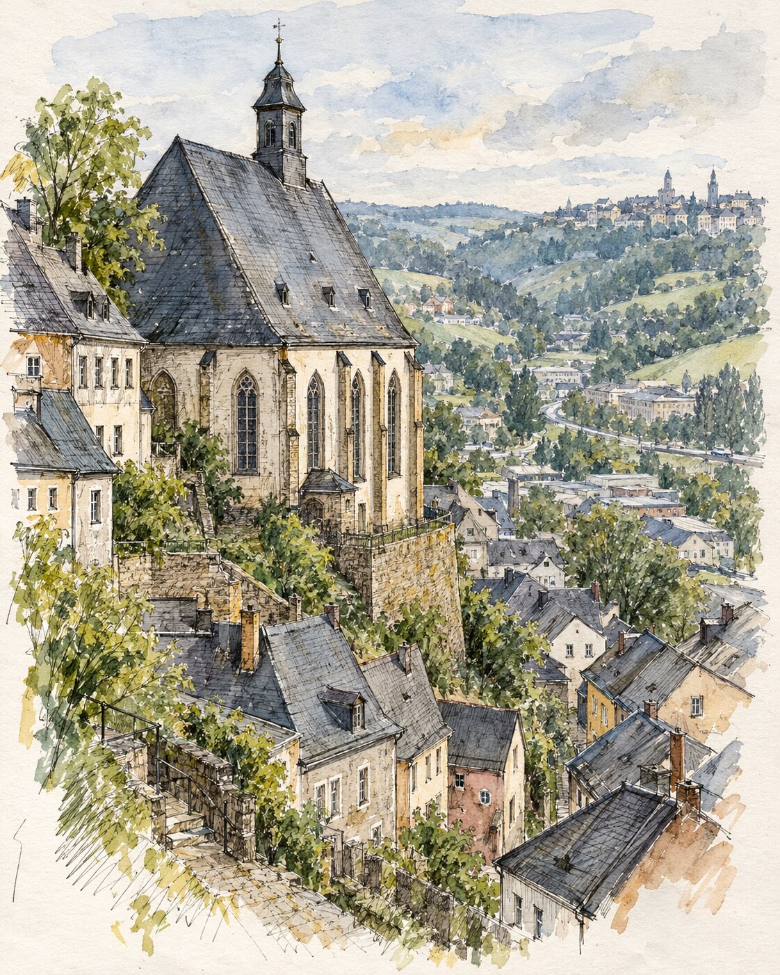 Aquarellzeichnung der St.-Katharinen-Kirche am Hang von Buchholz.