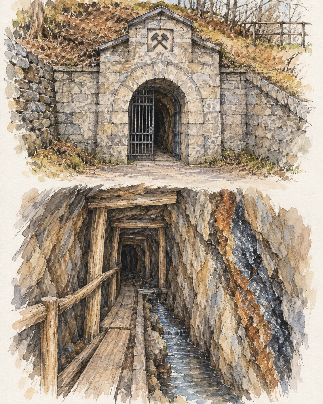 Tuschezeichnung eines Stolleneingangs mit angedeutetem Grubenbau im Annaberger Revier.