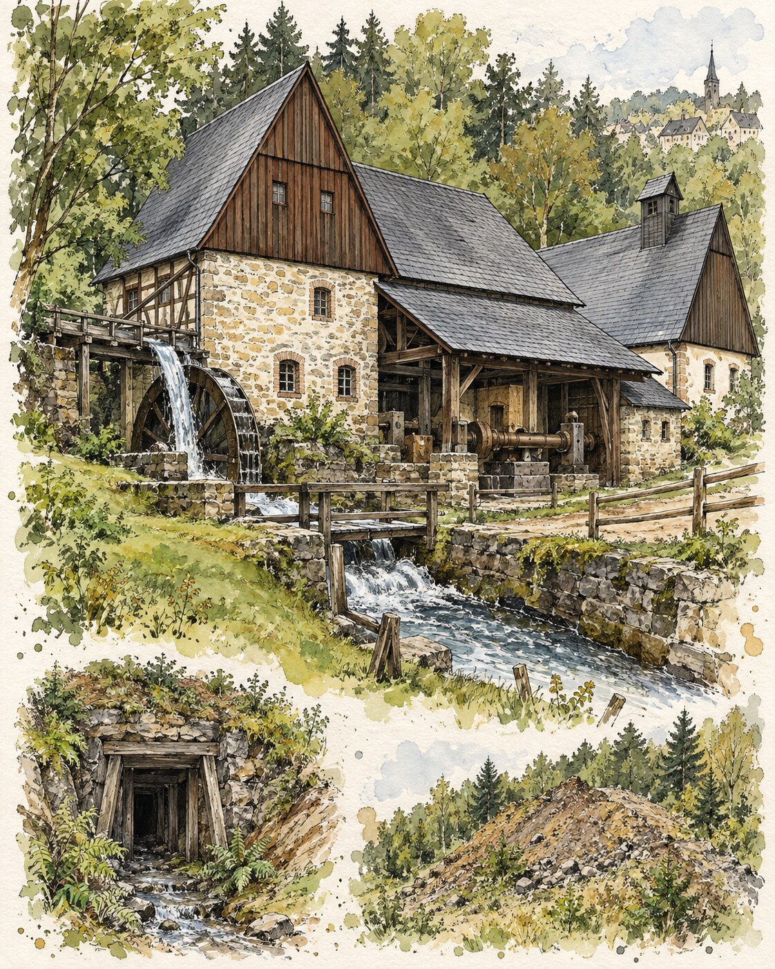 Aquarellzeichnung des Frohnauer Hammers mit Wasserlauf und historischem Hammerwerksgebäude.