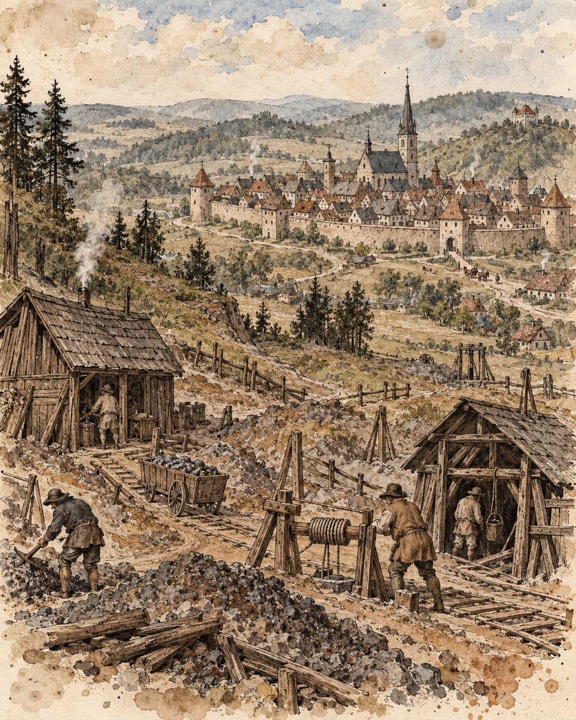 Historische Tusche-Aquarell-Darstellung Marienbergs mit kleinen Schachtgebäuden, Halden und Handhaspeln im Vordergrund