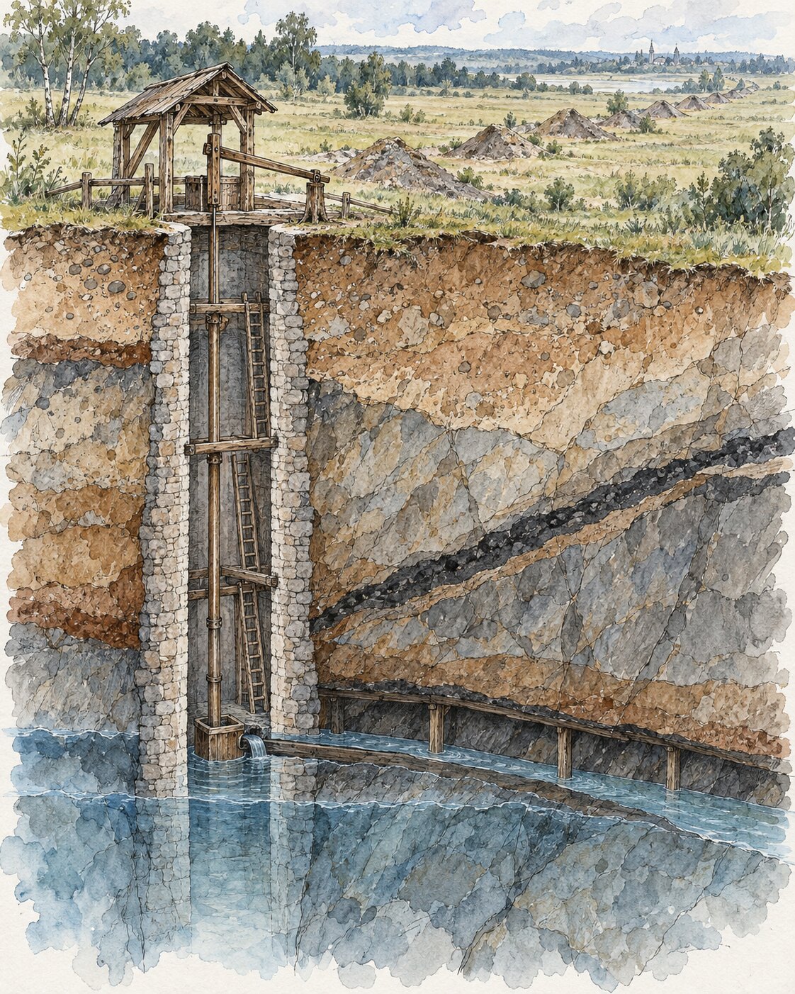 Schnittartige Tusche-Aquarell-Zeichnung eines gemauerten Schachts mit Fahrten, Wasserhaltung und Haldenzug an der Oberfläche