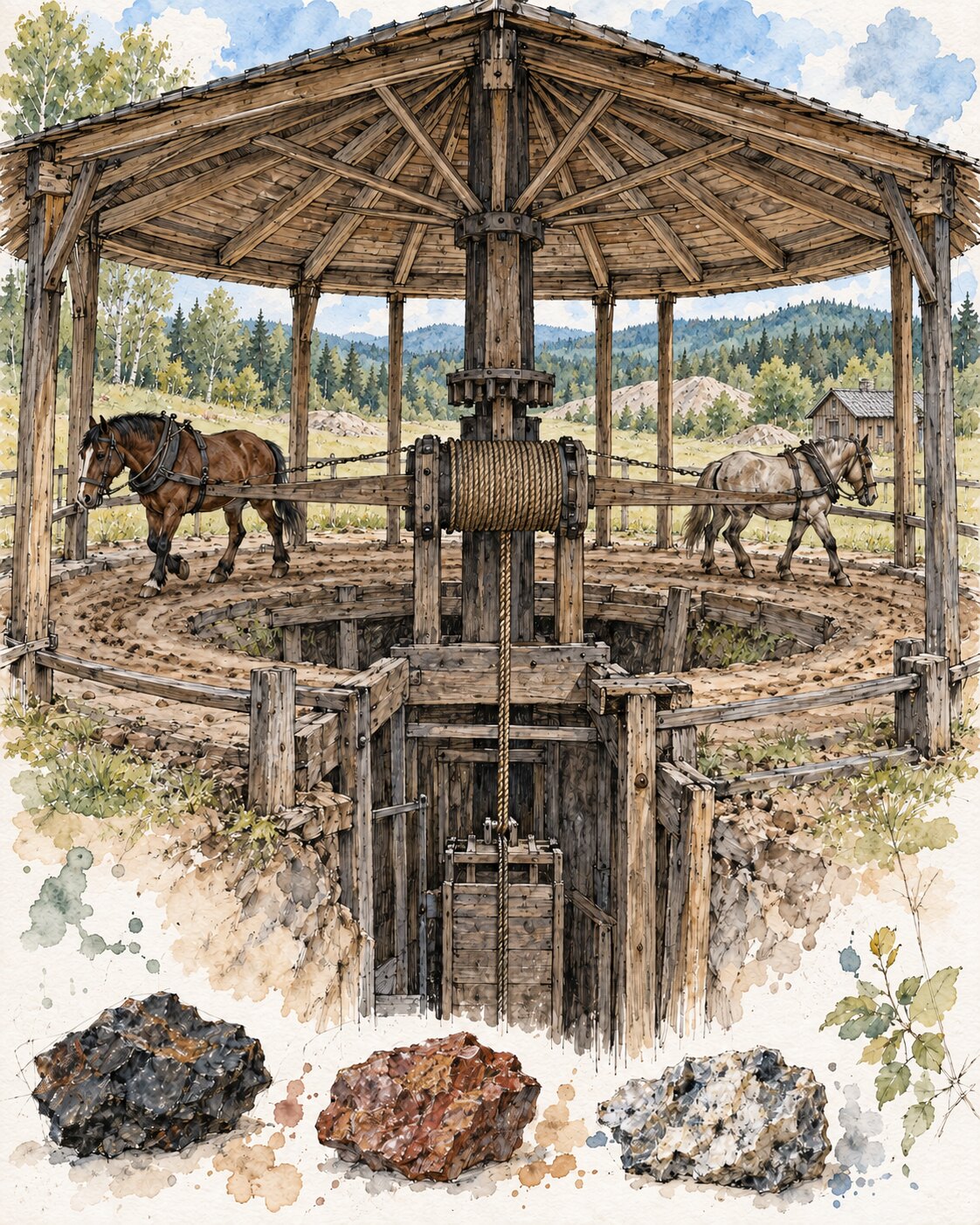 Tusche-Aquarell des offenen hölzernen Pferdegöpels am Rudolphschacht mit zwei Pferden und Seiltrommel