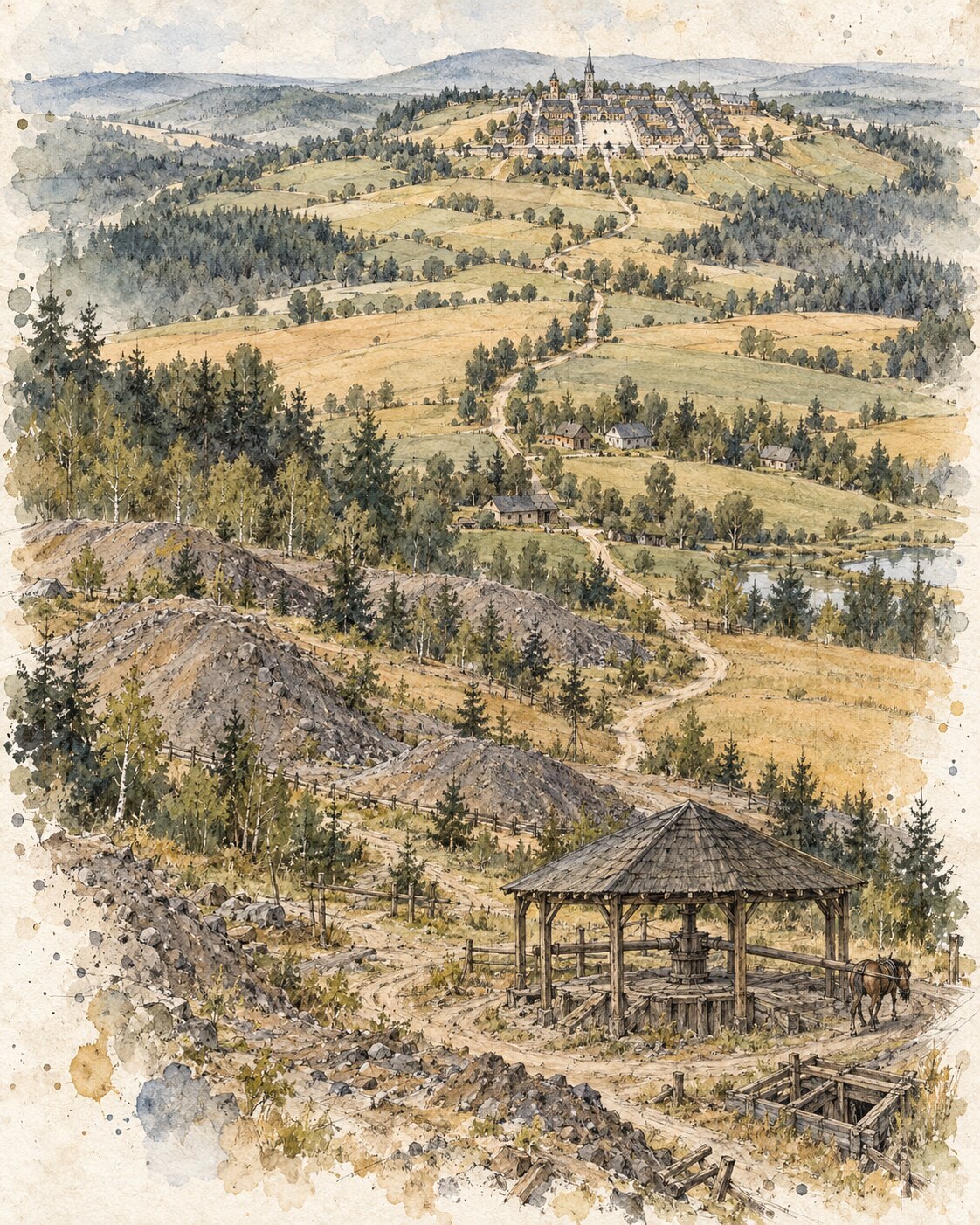 Kartenähnliche Tusche-Aquarell-Übersicht ohne Beschriftung mit Marienberger Altstadt, Weg nach Lauta, Haldenzügen und Pferdegöpel