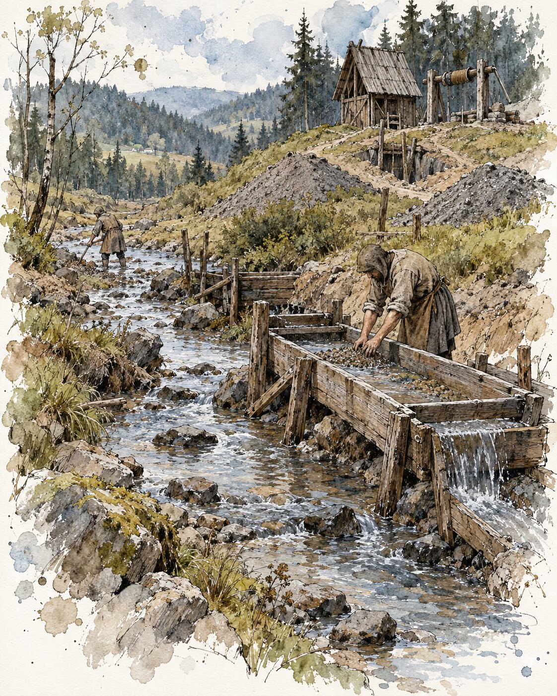 Tusche-Aquarell der historischen Zinnseifen im Greifenbachtal und früher kleiner Grubenbaue am Sauberg
