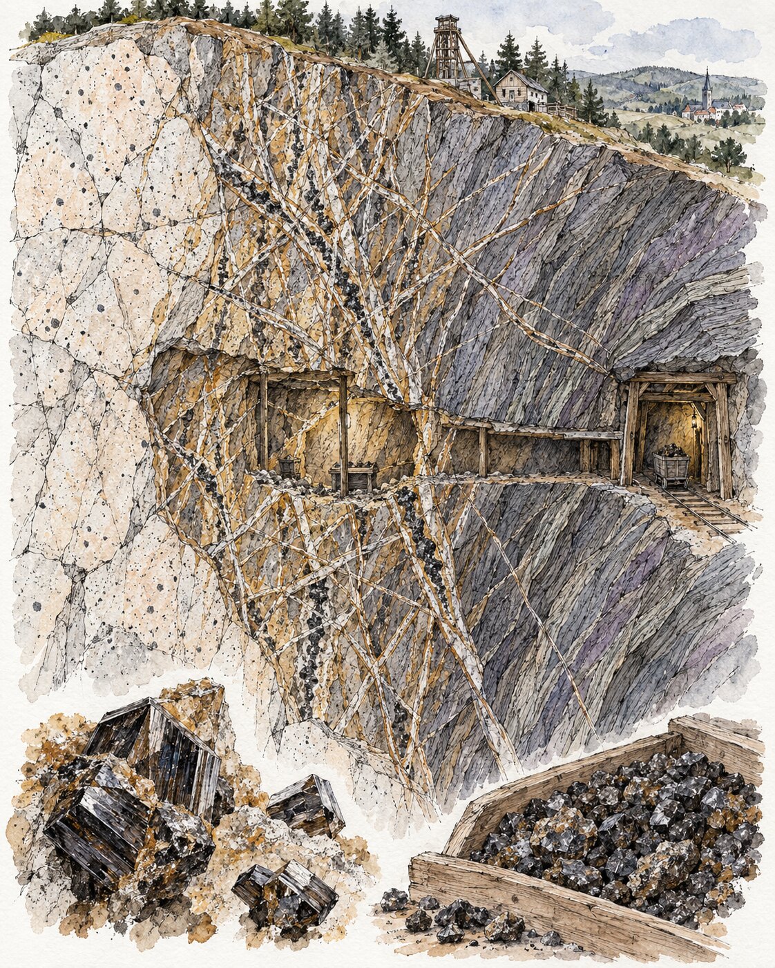 Tusche-Aquarell-Schnitt durch ein mineralisiertes Stockwerk am Sauberg mit Kassiteritgang und handgeschiedenen Erzstücken