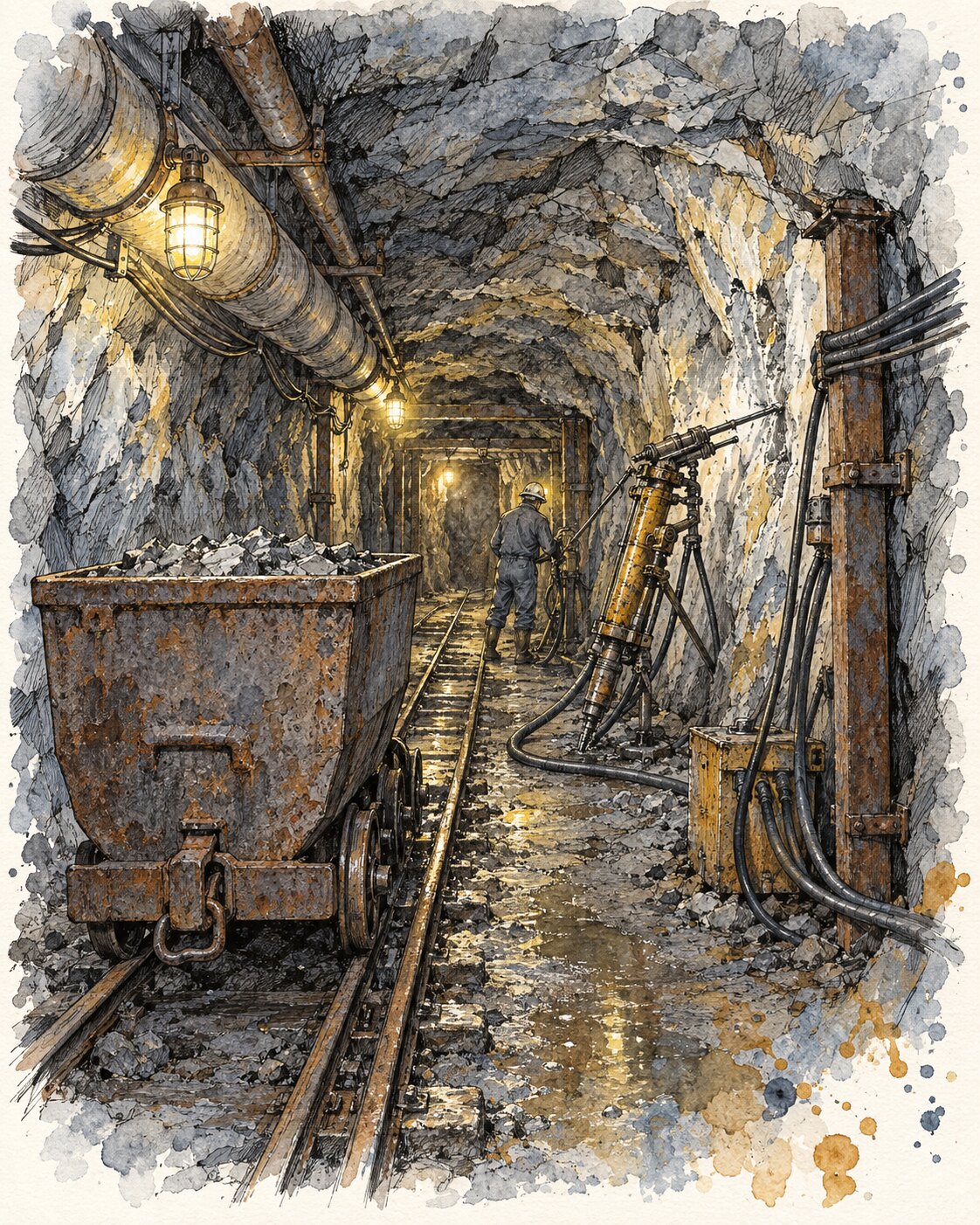 Tusche-Aquarell einer mechanisierten Zinnerzstrecke um 1980 mit Bohrgerät, Grubenbahn und Hunt