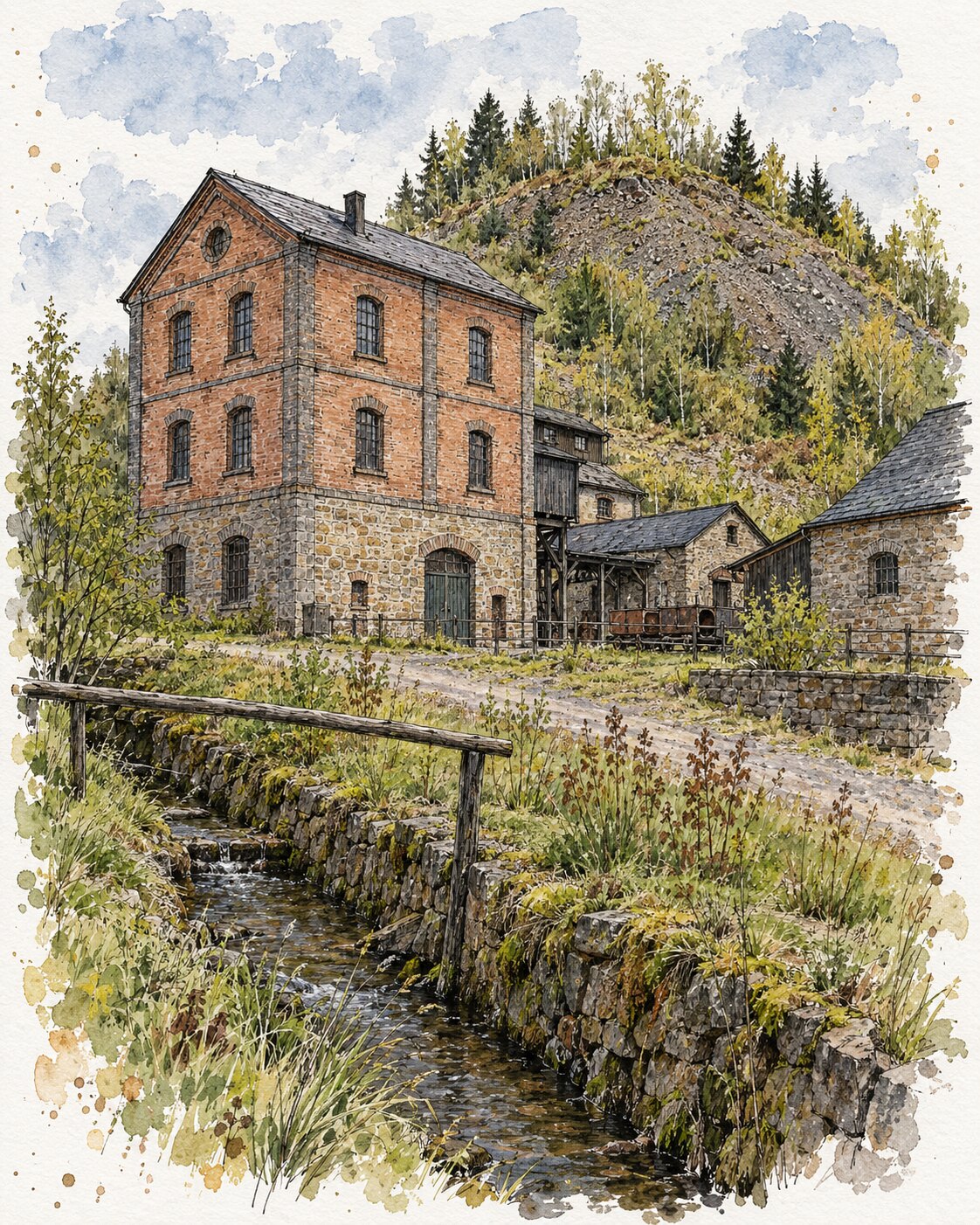 Tusche-Aquarell des erhaltenen Schachthauses am Sauberger Haupt- und Richtschacht mit Halde und Röhrgraben