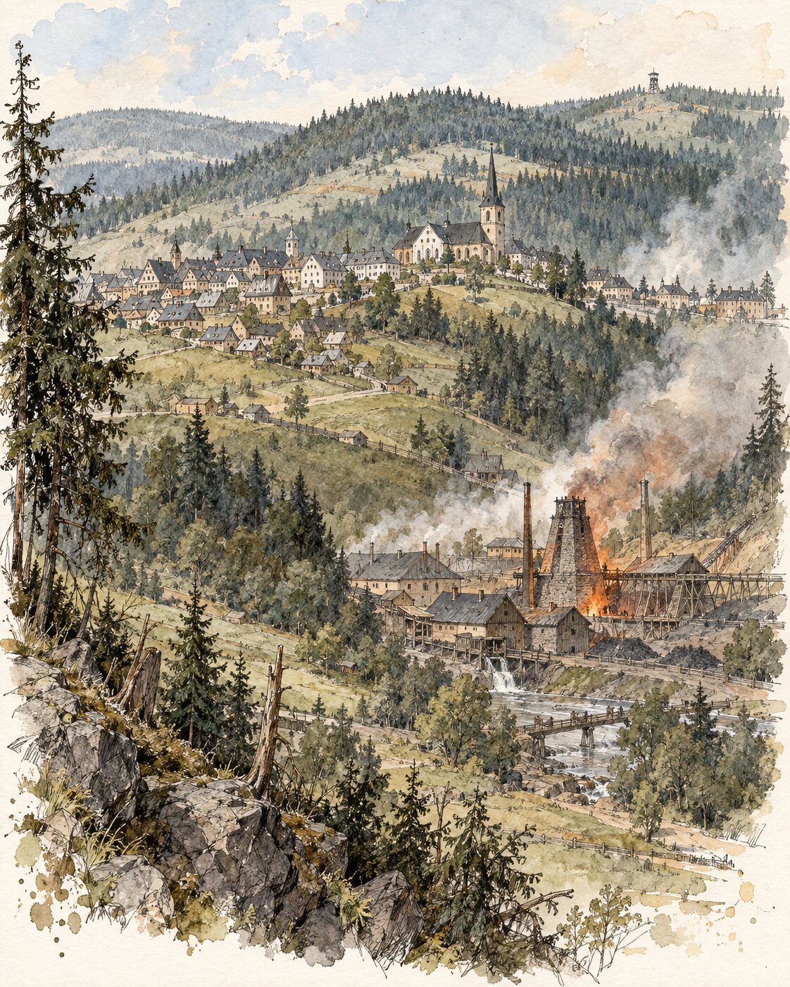 Tusche-Aquarell von Johanngeorgenstadt um 1830 mit Bergstadt, Kirche und Hüttenanlage im Tal