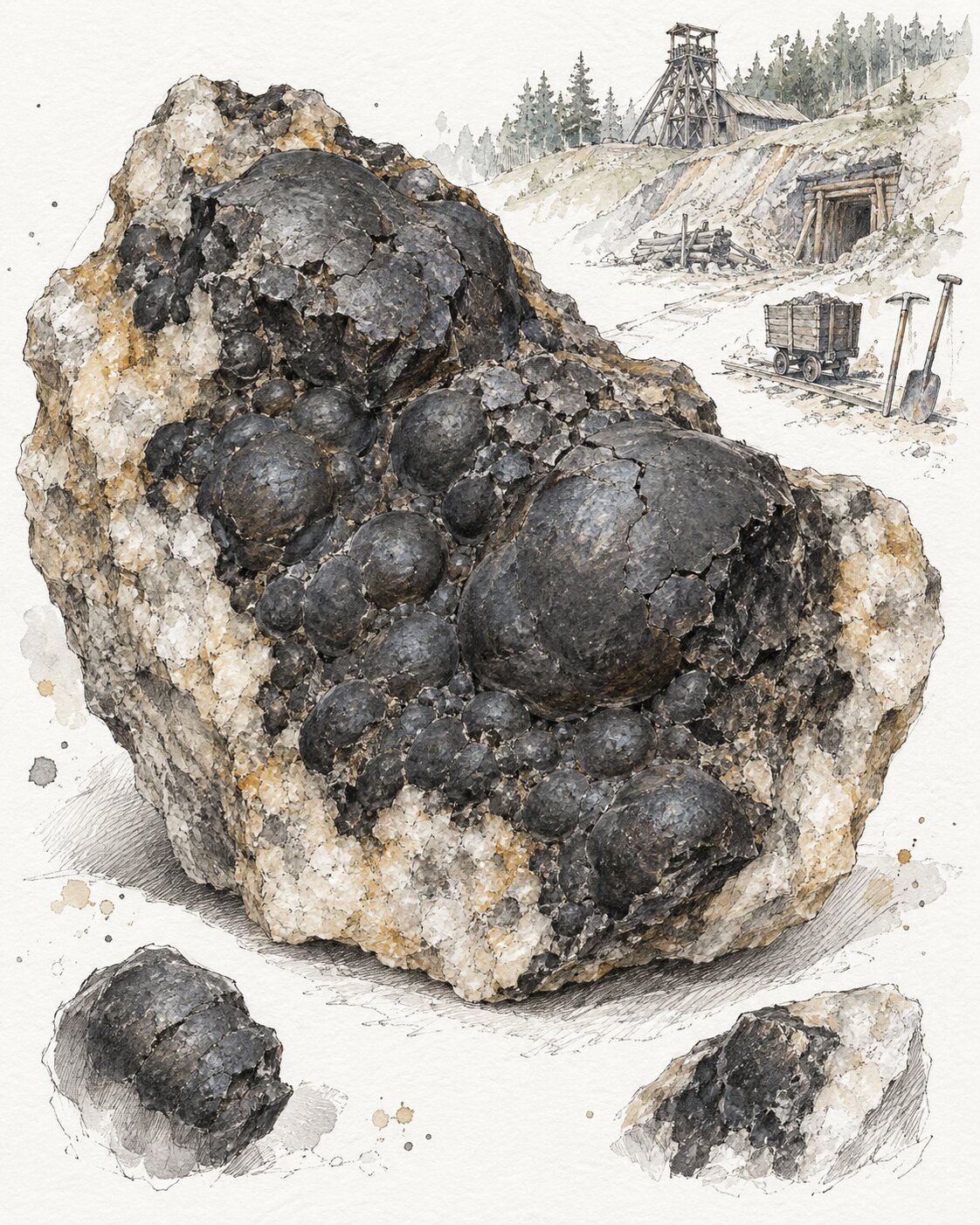 Geologische Tusche-Aquarellstudie einer schwarzen Pechblende-Stufe aus Johanngeorgenstadt.